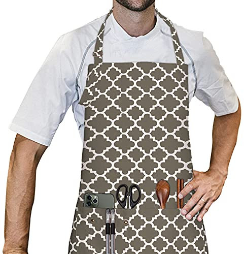 LessMo Schürze, Küchenschürze mit 3 Taschen, Grillschürze mit Verstellbarem Halsriemen für Zuhause, Restaurant, Kunsthandwerk, Garten, Kaffeehaus, Schürze für Männer Frauen, 100% Baumwolle