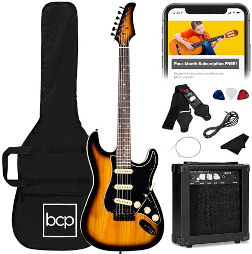 Best Choice Products - Kit de arranque de guitarra eléctrica para principiantes con estuche, correa, amplificador de 10 W, cuerdas, púa, barra de trémolo - Sunburst