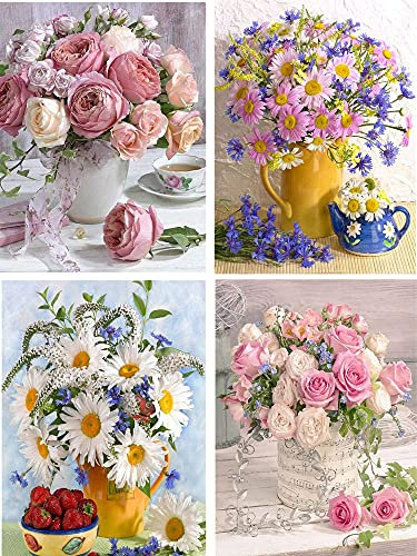 JaAoyoo Diamond Painting, 4 Pack Diamant Painting Bilder Erwachsene, Diamond Painting Blumen DIY 5D Diamant Painting Set für Home Wand Dekoration 30x40cm