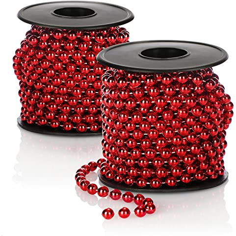 com-four® 2X Perlengirlande für den Weihnachtsbaum - Christbaumschmuck Perlenband - Weihnachtsdekoration - Hochzeitsdekoration - rot 15 m