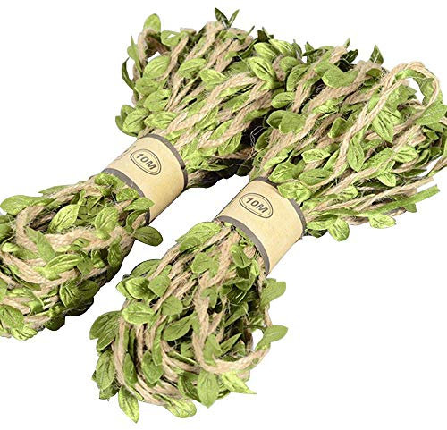 Artificial Burlap Leaf Ribbon,20 Meters Garden Jute Twine with Leaf Natural Green Leaves Jute Twine String Hemp Ropes for Art Crafts Wedding Party Garden Decoration Party Supplies