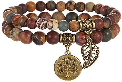 Farfume Chakra Armband Echte Steine, Echte Steine-Edelsteine Armband fur Damen (Multi-color Picasso-Jaspis und Baum des Lebens)