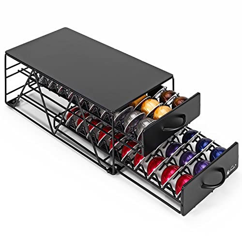 Vinsani Nespresso Vertuo Vertuoline Compatible Coffee Pod Holder – 60 Capsules 2 Tier Sliding Drawer Durable Space Saving Stackable Pods Holder Tray Organiser Box Anti-Vibration Design - Black