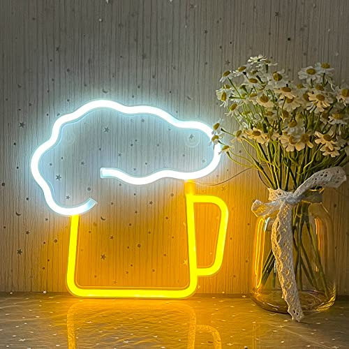 Letrero de Neón de Copa de Vino Bar Neon Sign Cartel Luminoso LED Bar Neón Bar Ventana Tienda Pared Decoración Amarillo y Blanco Jarra de Cerveza Forma Letrero de Neón