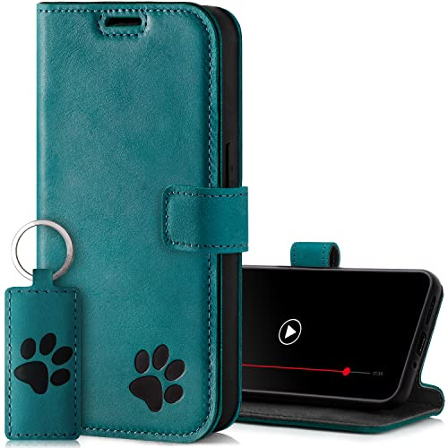 SURAZO Premium Handyhülle für Samsung Galaxy A34 5G 5G – Echtleder Schutzhülle mit Pfote Motiv – RFID Klapphülle [Magnet, Standfunktion, Kartenfach] Flip Cover Hülle Leder Case Lederhülle (Türkis)