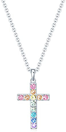 Girls Baptism Cross Necklace for Women,First Communion Cross Necklaces Jewelry Gifts for Women (Dainty Cross Colorful)