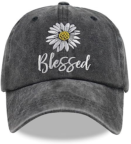 MANMESH HATT Embroidered Daisy Blessed Hat for Women Men, Adjustable Vintage Washed Cotton Christian Baseball Cap, Black, One size
