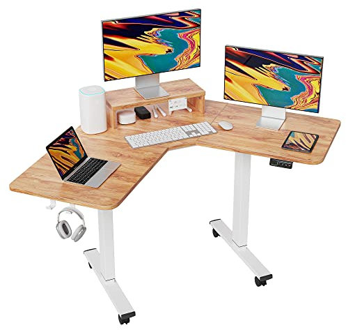 FEZIBO Einzelmotor L-förmiger Elektrischer Stehschreibtisch, 120 cm Steh-Ecke-Schreibtisch mit monitorständer, Weißer Rahmen/Helle Braun Tischplatte