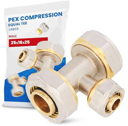 Raccordo Tee PEX-AL-PEX Stringere Ottone per Tubo Multistrato Compressione Filettato Sistema di Riscaldamento Idraulico (25 x 16 x 25)