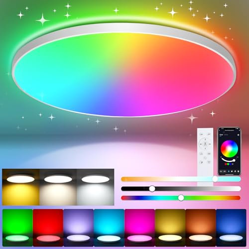 Oraymin LED Deckenleuchte Dimmbar mit Fernbedienung Ø30CM, 24W 16 Millionen RGB Farbwechsel Smart LED Deckenleuchte Steuerbar via App, 2400LM Deckenlampe Wohnzimmer für Wohnzimmer Schlafzimmer, Weiß