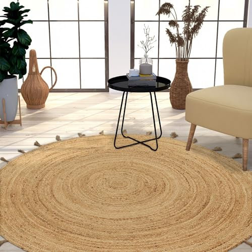 TT Home Jute Teppich Rund Wohnzimmer Esszimmer Boho Modern Handgemacht Mit Umrandung, Farbe:Natur 6, Größe:160 cm Rund