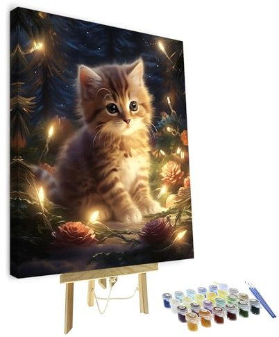 TISHIRON Cadre Peinture par Numéros Kit Adulte Chaton, Peinture par Numéros Kits de Construction sur Toile Chat Mignon Peinture par Numéros avec Pinceaux Animaux, Acrylique DIY Peinture par Numéros