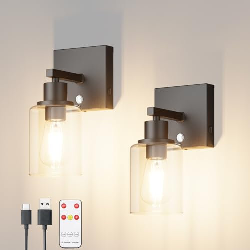 Klighten 6000mAh Lámpara de pared a pilas,2PCS Lámpara de pared LED con mando a distancia y control táctil,Aplique de batería,Aplique de Pared interior Con bombilla 3000K blanco cálido,Negro