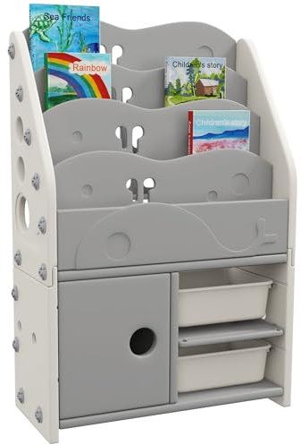 AIYAPLAY Kids Storage Units, Toy Organiser with 2 Storage Boxes, 4 Tier Bookshelf, Cabinet, for Playroom, Bedroom, Kid Room, Living Room, 67 x 29 x 98cm, Light Grey