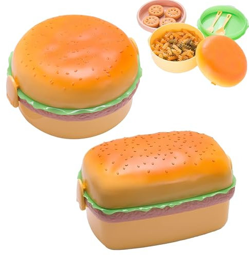 Generisch Lunch Box Cute Hamburger, Funny Lunch Boxes for Adults, 3-Layer with Fork, for Storing Fruits, Vegetables and Salads