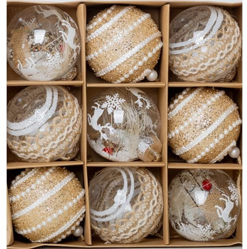 M&W DasDesign - Juego de 9 bolas para árbol de Navidad con 3 diseños diferentes, 8 cm, plástico, cristal, color blanco, dorado brillante con detalles brillantes y diseños únicos