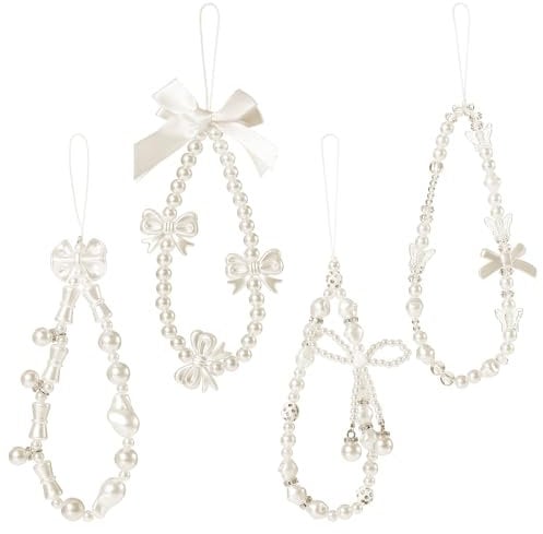 Yuanchu 4pcs Beaded Phone Bracelet Strap, Bow Knot Beaded Phone Charm Butterfly Camera Strap Charms Pearl Bracelet for Mobile phone Women Cute Wristlet Case Chain Charm Digital Accessories