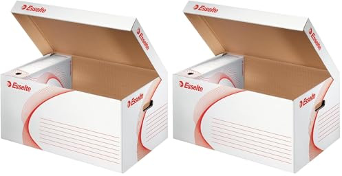 Esselte Standard Archiv- und Transport-Container, Mit Klappdeckel, Ablagebox Archiv-Schachteln 6 x 80 mm/5 x 100 mm, Aufbewahrungsbox mit geometrischem Design, Weiß/Rot, 128900