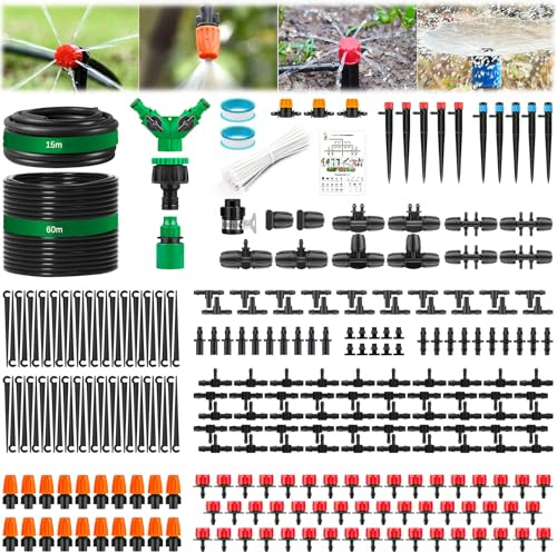 Kit per Irrigazione a Goccia, 315PCS Impianto Irrigazione Giardino, 60M+15M Tubo, Sistemi Di Irrigazione Da Giardino Con Ugelli E Gocciolatori Regolabili, Adatto Per Giardini, Serre, Orti E Prati