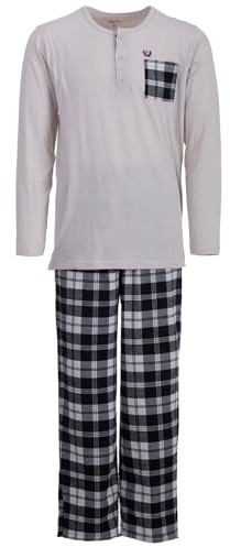 Henry Terre Herren Pyjama Carlo mit Karo Muster Langarm Schlafanzug Baumwolle Brusttasche M-3XL