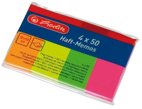 Herlitz Haft-Memos 4x 50 Blatt, 1 Stück, eingeschweißt, 20 x 50 mm, neon gelb / pink / orange / grün