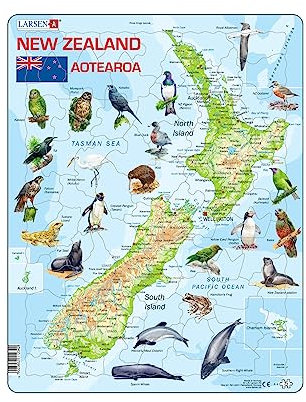 Larsen A4 New Zealand Jigsaw Puzzle Map for Children and Adults, English Version - 71 Pieces| Educational and Fun Puzzle | Children Development | Boxless Tray & Frame Included
