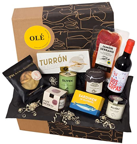 jamon.de Geschenkbox Olé gefüllt mit spanischen Delikatessen I Präsent mit hochwertigem Serrano-Schinken, ausgesuchten Tapas-Klassikern & Rotwein aus Spanien