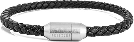 Akitsune Silva Lederarmband Magnetischen Verschluss | 5mm | Armschmuck Damen Herren Edelstahl Schlichtes Armband - Silber - Schwarz 21,5cm
