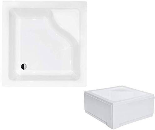 VBChome Acryl-Duschwanne mit Sitz Quadrat 80 x 80 cm Schürze tief + Ablaufgarnitur fi50 Duschtasse
