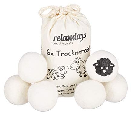 Relaxdays Trocknerbälle XXL, 6 Trocknerkugeln, Filzbälle für Trockner, aus Schafswolle, umweltschonend, Ø 7 cm, weiß