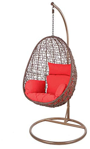 Kideo Swing Chair, Lounge-Möbel, Loungesessel Polyrattan, Hängestuhl, Hängesessel mit Gestell & Kissen (braun/rot)