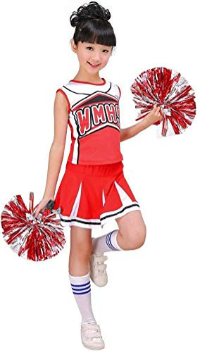LOLANTA Mädchen rot & blau Cheerleader Kostüm befestigen Pom Poms Socken, Kinder Cheer Outfit Karneval Kostüm, Rot, 10-11 Jahre, 150