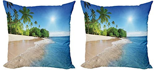 ABAKUHAUS Wendekreis Dekokissen Kissenbezug 2er Pack, Suuny Ozean Palmen, Modern Accent Doppelseitiger Digitaldruck, 60x60, Grün und Weiß