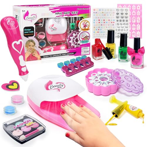 Geek Cheers Nail Polish Set for Girls, Art Kit Kids with Fun Dusting Pen/Nail Dryer/Eyeshadow/False - Washable Makeup Best Gift Birthday/Party (Without Batteries)