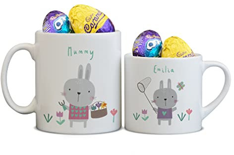 NOT JUST A PRINT Personalised Easter Bunny Mug Set - Matching Mugs with 2 Milk Chocolate Easter Eggs Choose from Mummy, Daddy and Kids Mini Mugs | Gift Sets of 2, 4, 6 Rabbit Mugs with Any Name