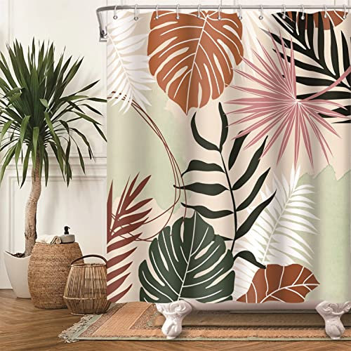 Bovlleetd Botanical Rideau de Douche Abstrait Tropical Plantes Medieval Maple Palm Leaf Rideau de Douche Boho Boy Girl Bathroom Art Decor Curtain Geometric Washable Tub Decoration Curtain 183x200cm