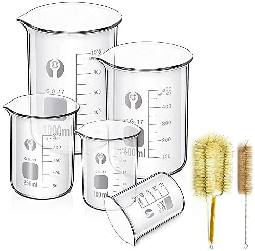 Borosilikatglas Bechergläser Set, JESSTOLO 5 Stück Dickglas Graduierten Becherglas mit Klare Ausguss 1000ml 500ml 250ml 100ml 50ml mit 2 Waschbürste, für Labor Forschung Medizin