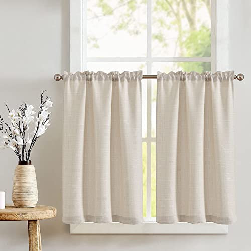TOPICK Rideau Cuisine Double Rideau Court à Passe Tringle Petit Rideau sous Evier Semi Transparent Rideau Intérieur Moderne Decoration pour Salon Placard Petite Fenetre Porte 70x90cm 2 Pièces Beige