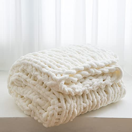 WESHIONGOO Grobstrick-Überwurfdecke, 127 x 152 cm, gestrickte Überwurfdecken für Couch, Bett, flauschig, weiche Decke mit Jumbo-Chenille-Garn, dick, 100% handgefertigt, Cremeweiß