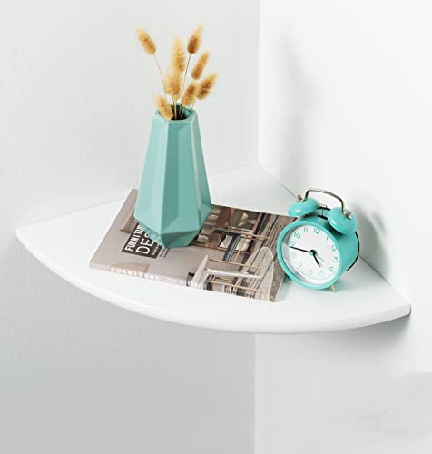 BEUGAWHOO Corner Shelf Wall Mount Oak Wood Floating Wall Shelf Round End Small Corner Nightstand Plant Stand Wall Mount for Kitchen, Living Room, Bedroom (White)