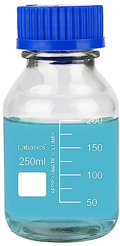 Labasics Runden Medien Aufbewahrungsflaschen mit GL45 Blauer Schraubverschluss, Glas Klar Weithals Graduiert Runde Laborglasflasche zur Aufbewahrung von Reagenzmedien, 250 ml