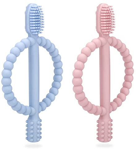 BeißRing Baby, Purphy 2 Stücke Beißspielzeug Baby Silikon Beissring Baby Kühlend Zahnungshilfe Baby Spielzeug Ab 3 Monate Baby Zahnbürste Mit Beruhigt Babys Wundes Zahnfleisch (Blau&Rosa)