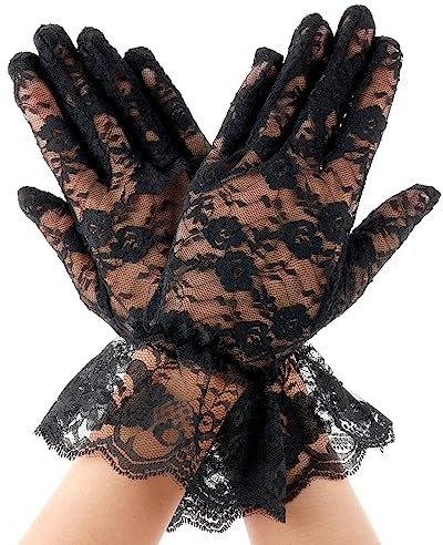 Damen Sommer Elegant Schwarz Kurze Spitzenhandschuhe Schwarze Spitzenhandschuhe Blumenspitzen Handschuhe Kurze Lace Gloves Sonnenschutz Für Handschuhe Hochzeit Party Und Teeparty Dinner Halloween