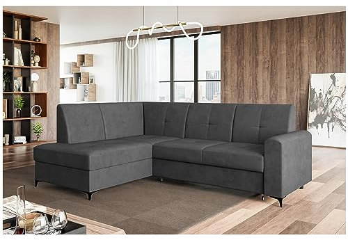 MEBLINI Schlafcouch mit Bettkasten - Kleines Ecksofa mit Schlaffunktion - Sofa mit Relaxfunktion - Kleine Couch L-Form - Eckcouch - Scandi - 236x171x85cm Links - Dunkelgrau Samt