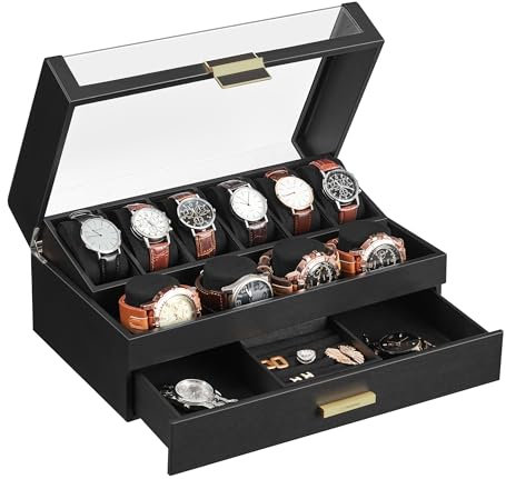 VASIHO Uhrenbox mit 10 Fächern, Uhrenkasten mit Glasdeckel, Schmuckkästchen Uhrenkoffer 2 Ebenen, 1 Schublade für Uhren, Ringe, Uhrenkoffer mit Schloss, Schwarz SSH210B