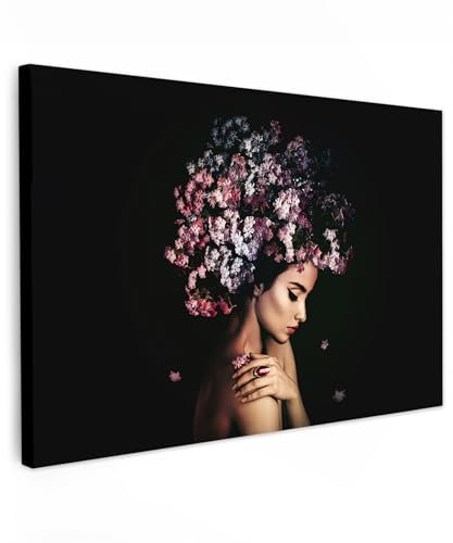 MuchoWow© Bild auf Leinwand Groß 120x80 cm XXL Schlafzimmer Bilder Wand Deko Wohnzimmer Modern Wanddeko Bilderwand Geschenk Frau - Kunst - Blumen - Schwarz - Rosa