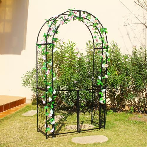Scendor, pergolato resistente con cancello, 124 cm di larghezza x 212 cm di altezza, arco in ferro per piante rampicanti, rose, viti, supporto per prato, cortile, patio, matrimoni, cerimonie,