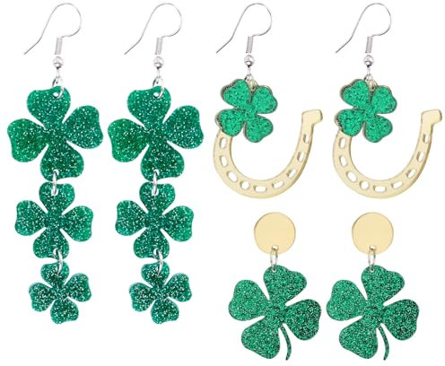 3 Paar St. Patricks Day Ohrringe für Damen, Grün Kleeblatt-Ohrring Glücksbringer Kleeblatt-Ohrhänger St. Patricks Day-Accessoires für Frauen und Mädchen