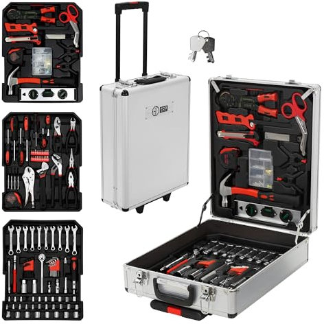 ECD Germany Maletín de Herramientas de Aluminio Plateado con 180 Piezas de Acero al Cromo-Vanadio, Maleta Portátil con Ruedas y Cerradura para Utensilios de Bricolaje Set/Caja con Útiles Profesionales
