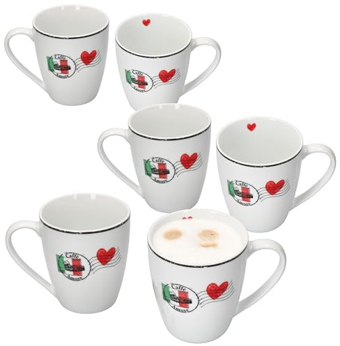 MamboCat Caffee Amore 6er Set Kaffeebecher mit Henkel I 300 ml I 6 Personen I Porzellan-Tassen für Heißgetränke wie Tee, Kakao, Kaffee & Co. I Herz-Dekor + italienische Flagge